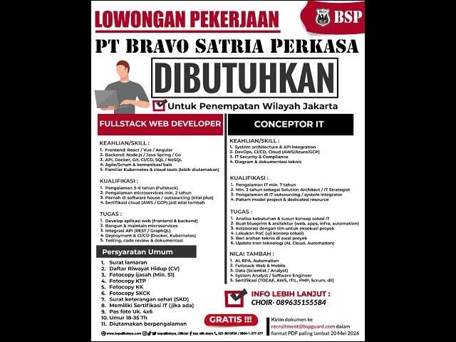 (LOWONGAN PEKERJAAN - DIBUTUHKAN TENAGA IT - KHUSUS PENEMPATAN JAKARTA DAN SEKITARNYA)
