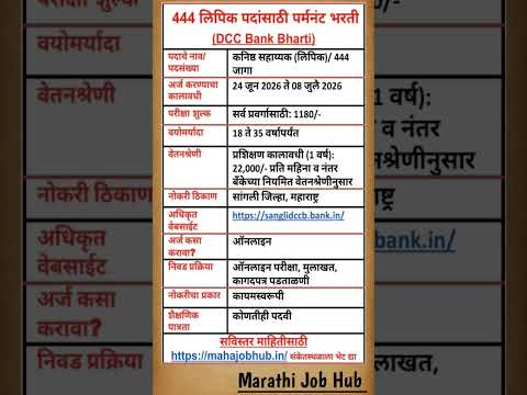 🔴 444 जागांसाठी लिपिक पदांची पर्मनंट भरती ! 🎓 कोणतीही पदवी चालेल ! 🏦 Sangli DCC Bank Bharti 2026