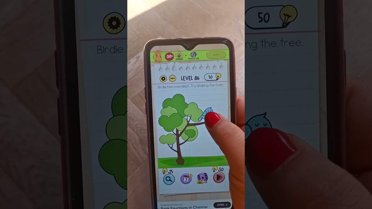 Birdie has overslept. Try shaking the tree. Brain Test.  