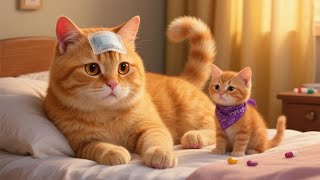 Mom, Lets Eat Xiao Zi Takes Care Of The Sick Orange Cat Mother. Healing Filial Piety To Parents