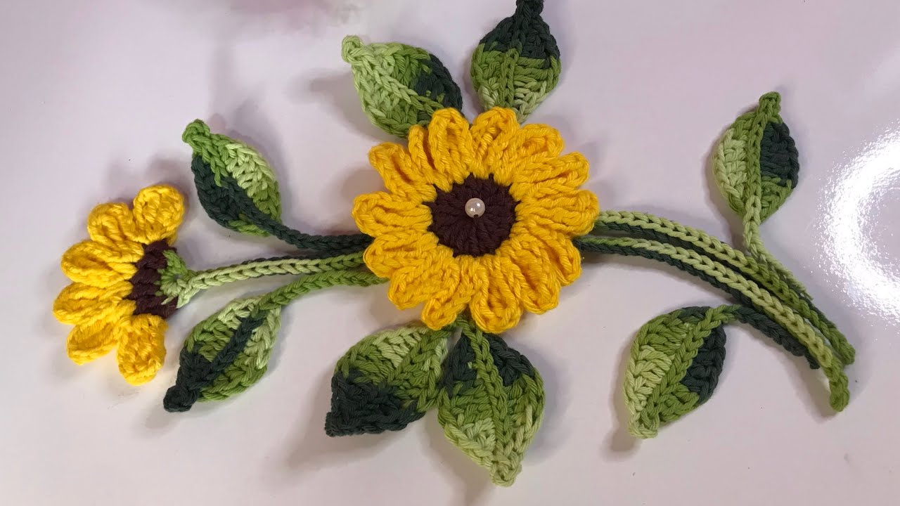 Flor Girassol De Crochê Para Aplicação Passo A Passo Completo Flor 🌼 Ramos E Folha