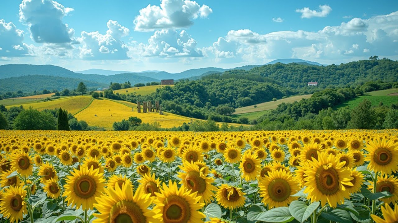 Уютная фортепианная музыка для учебы и концентрации в солнечном поле подсолнухов