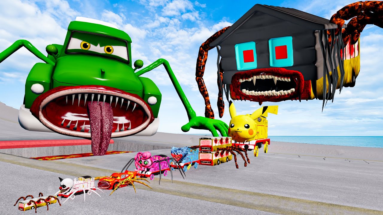 ALL MONSTERS Big & Small vs Downhill Jump with NEW BUS HOUSE EATER & Truck Sonic BeamNG.Drive