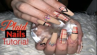 nails plaid acrylic coffin tutorial