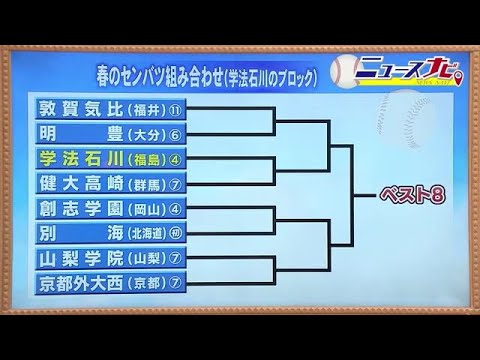 福島・学法石川の初戦は群馬・健大高崎 春のセンバツ組み合わせ 強豪ぞろいのブロック突破を (24/03/08 18:50)