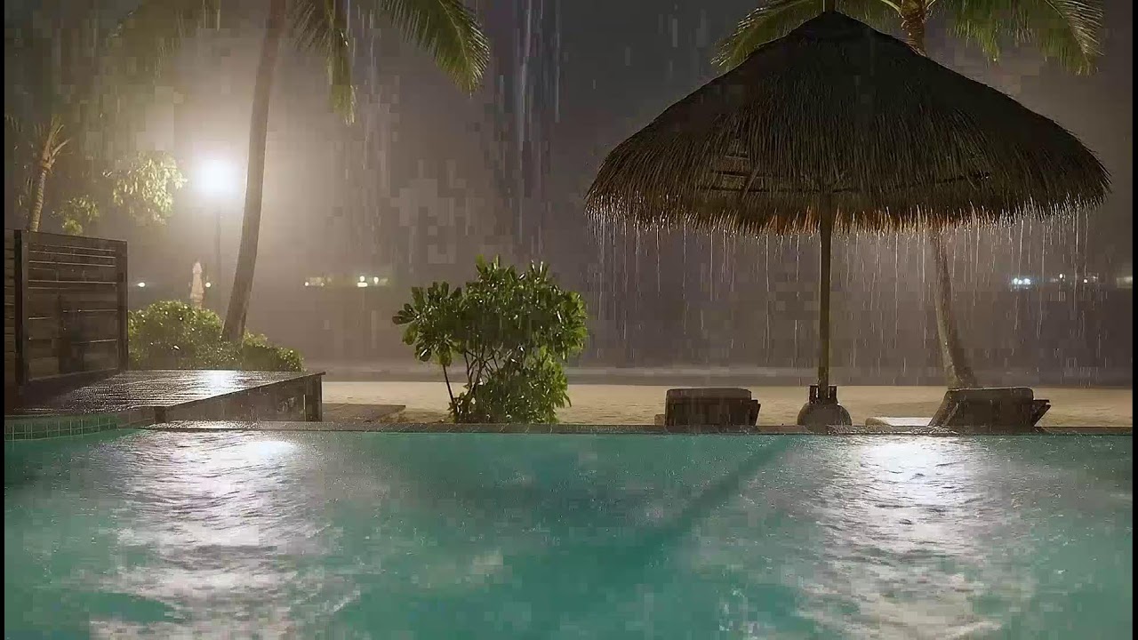 Tropical Pool Rain for Deep Sleep 😴 Heavy Night Ambience (NO ADS) 
