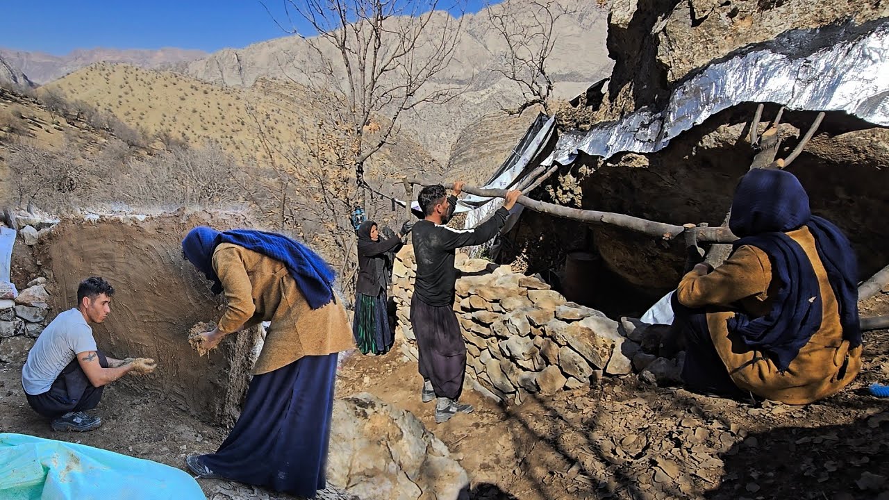 Life of cave nomads in the Zagros Mountains | Building a stone cave wall with thatch
