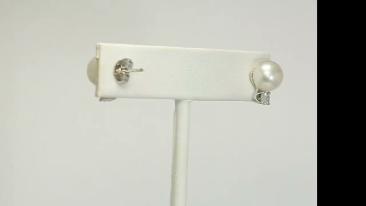 Diamond Drop Pearl Stud Earrings .40CT G Color 8.5MM 14K WG 1/2” Long - 33385