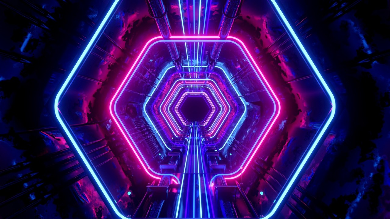 4K Abstract Hexagon tunnel Metallic Blue & Pink Color Neon Led Light ScreenSaver Background Video