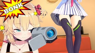 Haachama gets too excited filming Akis thighs and gets BONKd by the table
