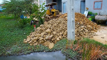 First Start a New Project! Landfill on Flooded Area Using Dozer D20P Pushing Stone Soil & 5Ton Truck