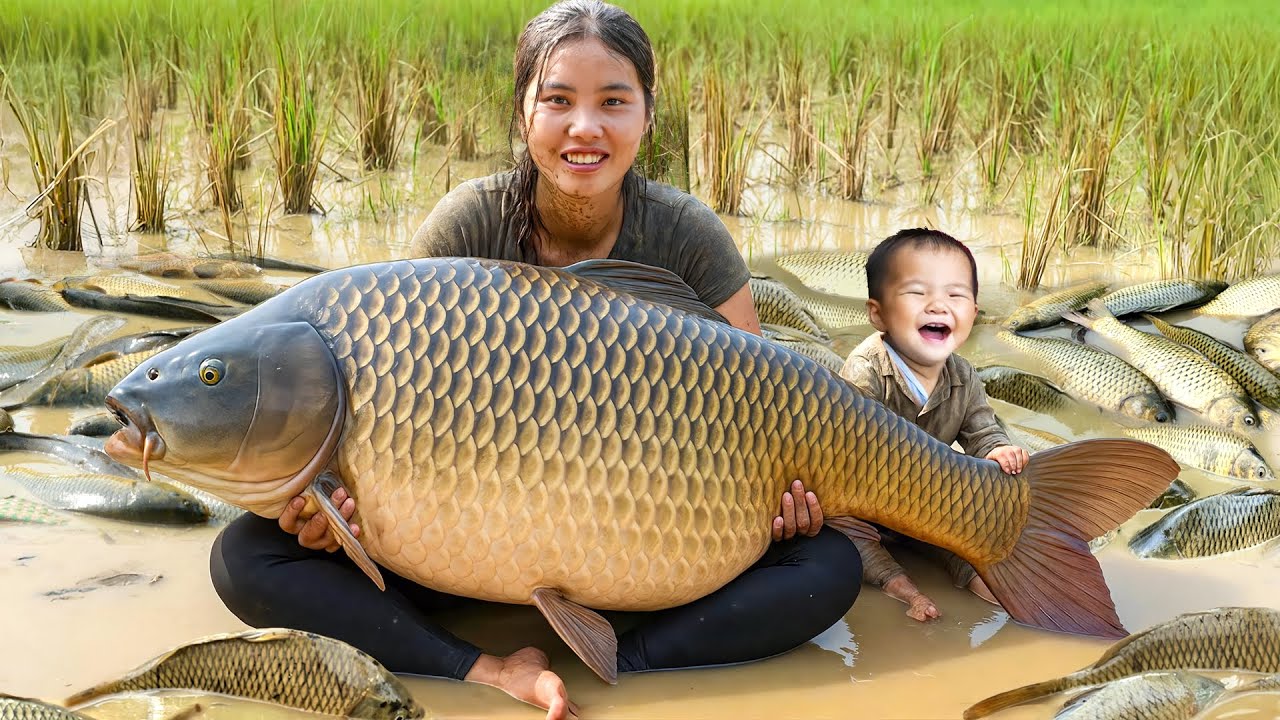 Catching Giant Carp by Hand to Make Delicious Fried Fish for my Children, Harvest Long Beans to Sell