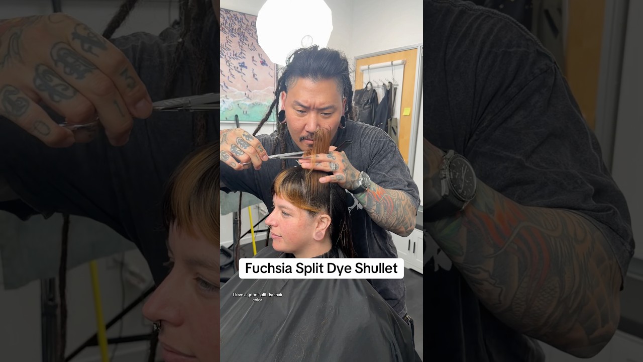 Fuchsia Split Dye Shullet for the 🏆 #hairtutorial #haircolor #hairtransformation #haircut