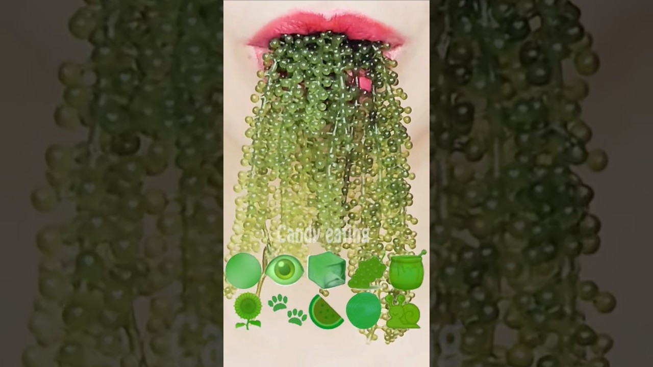 ASMR GREEN EMOJI FOOD ice sea grape kohakuto sprinkle honey jelly mukbang eating sounds