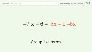 Linear equation with one unknown: Solve 6-2x=5x-1 step-by-step solution