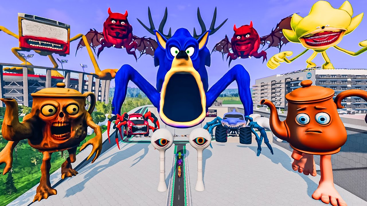 ALL MONSTERS Big & Small Cars with HUNGRY SONIC WORM EATER & CAR EATER & BUS EATER | BeamNG.Drive