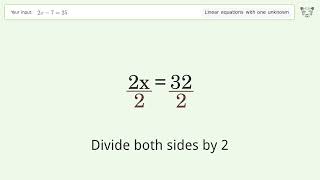Linear equation with one unknown: Solve 2x-7=25 step-by-step solution