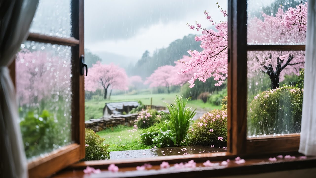 Cherry Blossom Rain at the Window | 2 Hour of Soothing Rain Sounds for Focus & Relaxation