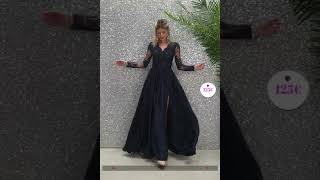 Moda Mania Abito Lungo Svasato Blu Notte Con Spacco Laterale E Corpetto In Tulle Ricamato