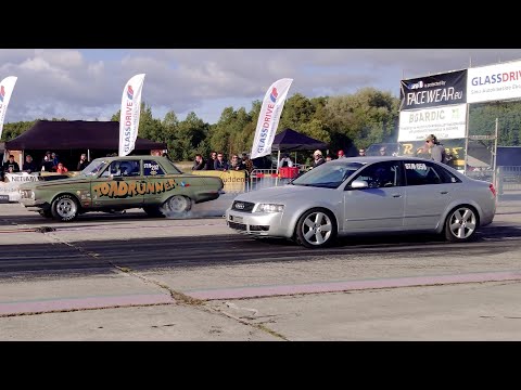 Видео: Audi A4 B6 1.8T Quattro vs '64 Plymouth Valiant 1/4 mile drag race