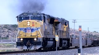 UP 9904, UP 7504 lead an empty bare table train south past Guadalupe - May 17, 2016