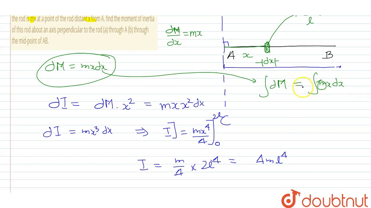 A non-uniform rod AB has a mass `M` ad length 2l. The mass per unit length of the rod is mx at a...