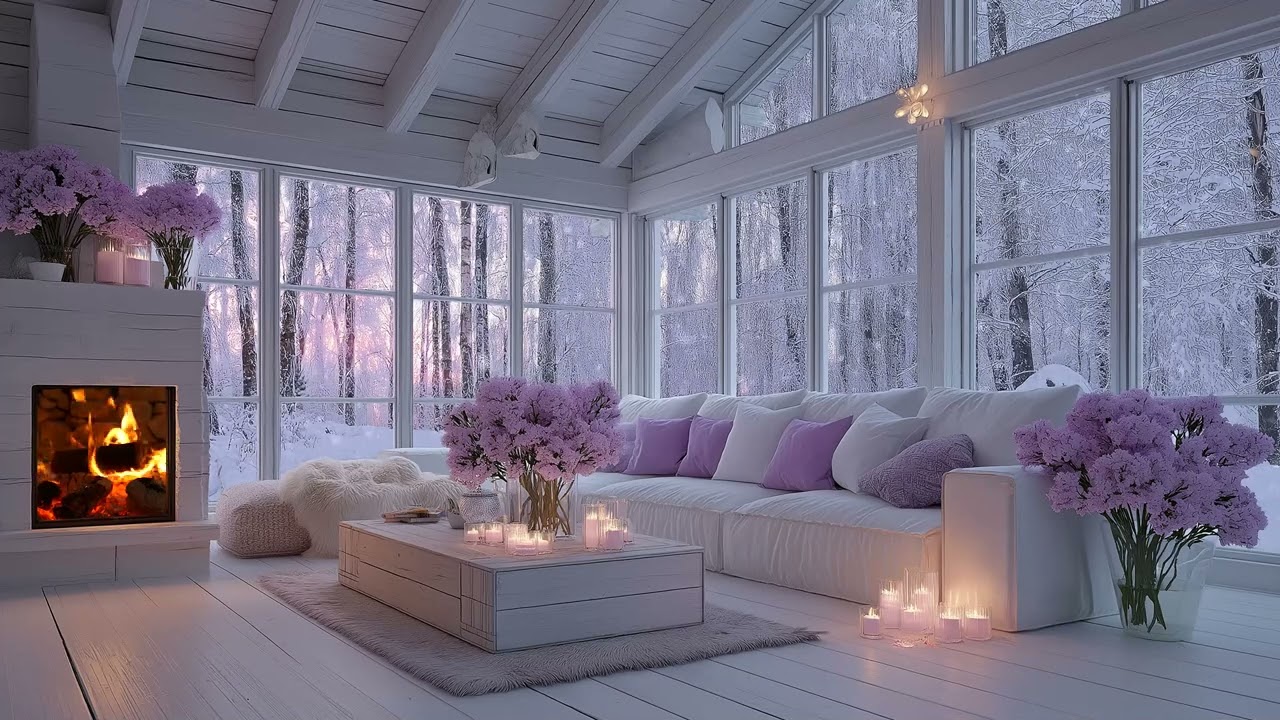 🌙Cozy Winter Sanctuary | Purple Flowers Fireplace & Piano (3 Hours) | Sleep Study Work Meditation