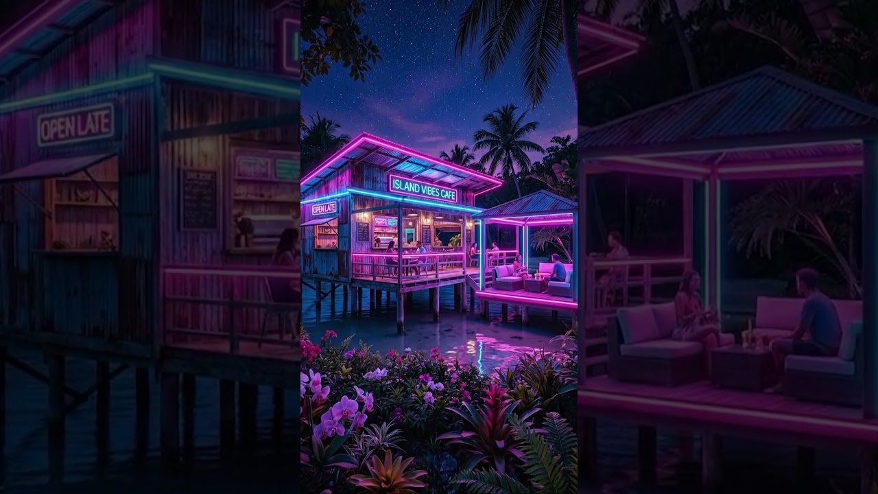 Neon tropical cafe night with palm tree starry sky vibrant pink light 
