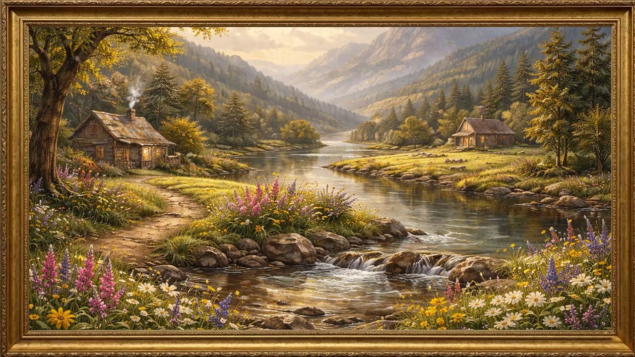 2 Hours Spring River Cottage Painting | Forest Mountains Oil Art | Gold Framed for TV 4K Screensaver