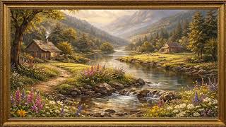 2 Hours Spring River Cottage Painting | Forest Mountains Oil Art | Gold Framed for TV 4K Screensaver screenshot 5