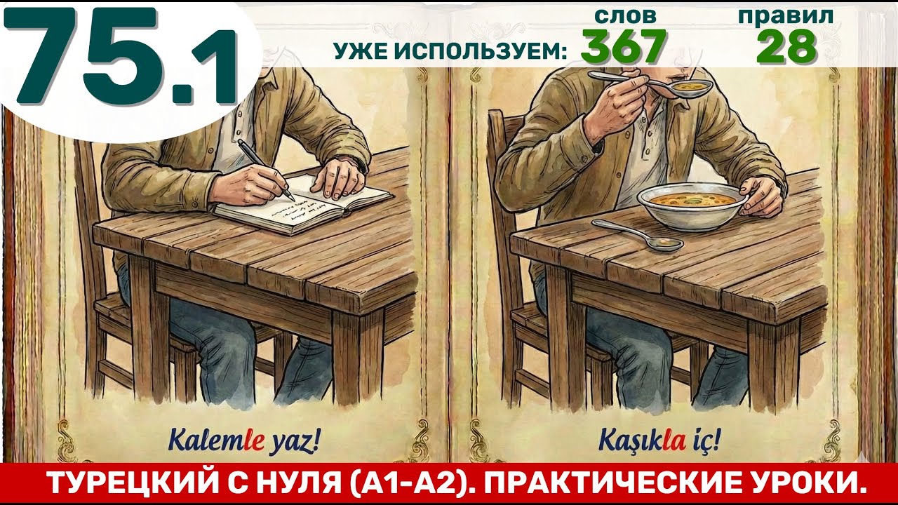 Пиши карандашем! Ешь ложкой! Тренируем аффикс -le/-la. | Турецкий язык через практику #75.1