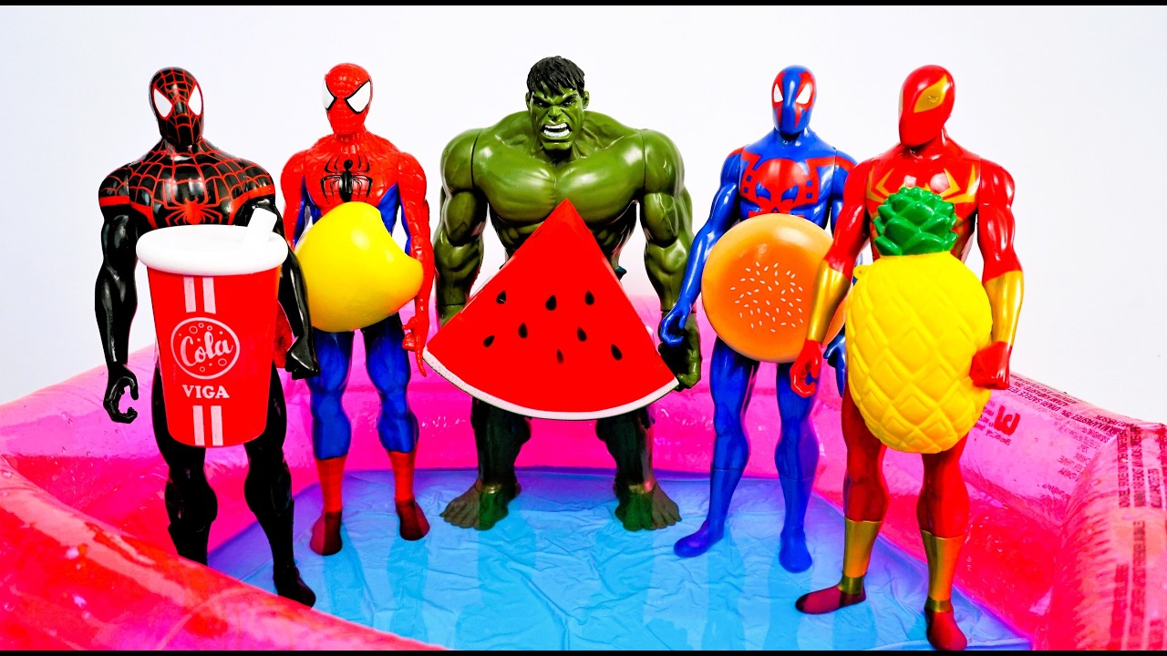 Learn Fruits & song with Superheros Jumping on the bed water