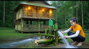 Bamboo House Shines at Night | Asian Girl Repairs Hydropower by the Stream
