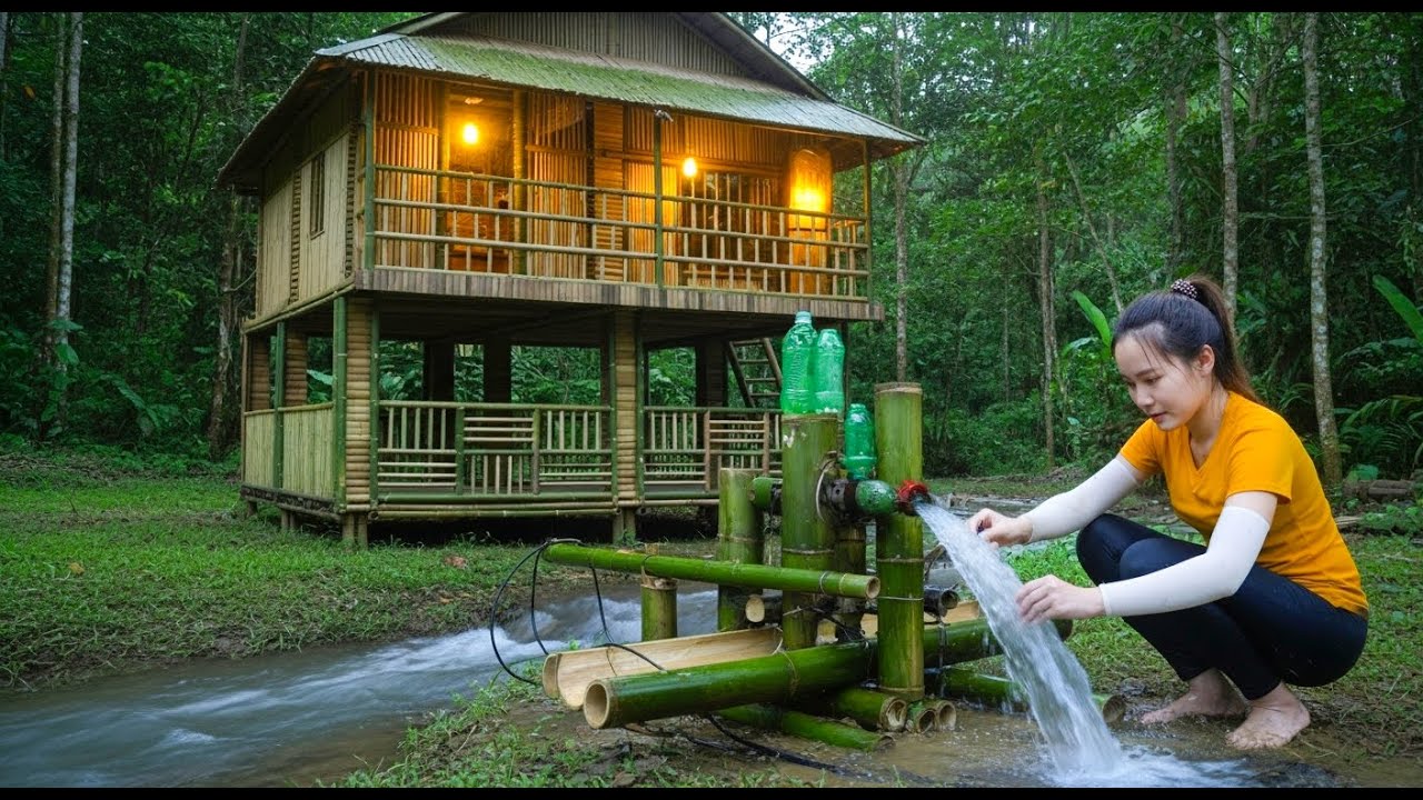Bamboo House Shines at Night | Asian Girl Repairs Hydropower by the Stream