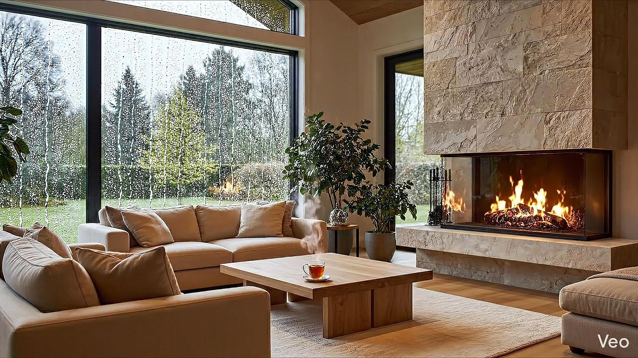 Luxury Living Room Rain & Fireplace Ambience – Cozy Piano Music for Relaxation | Everglow Escapes