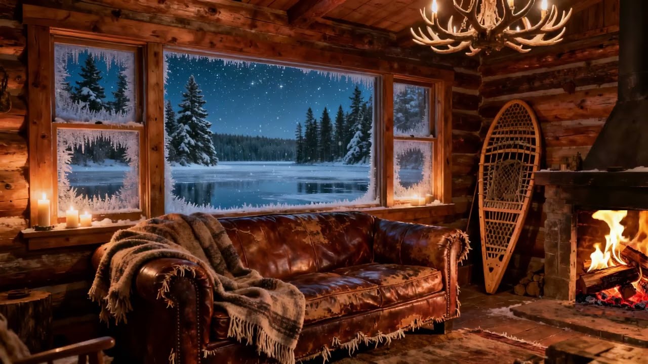 Canadian Log Cabin Night Fireplace Ambience❄️ Soft Piano & Violin | Snowfall, Relax, Sleep (1 Hour)