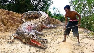 Primitive Technology   Find Crocodile by Spear in river   cooking Crocodile eating delicious