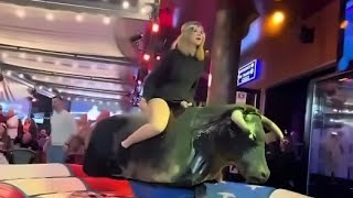 Funny Woman On Mechanical Bull | Benidorm Bull | Riding A Bull Like A Horse | Spanish Riding