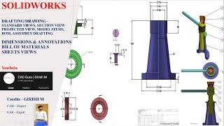 9) Introduction to SOLIDWORKS Drafting/Drawing| Section View| Model Items| BOM Table| Dimensions