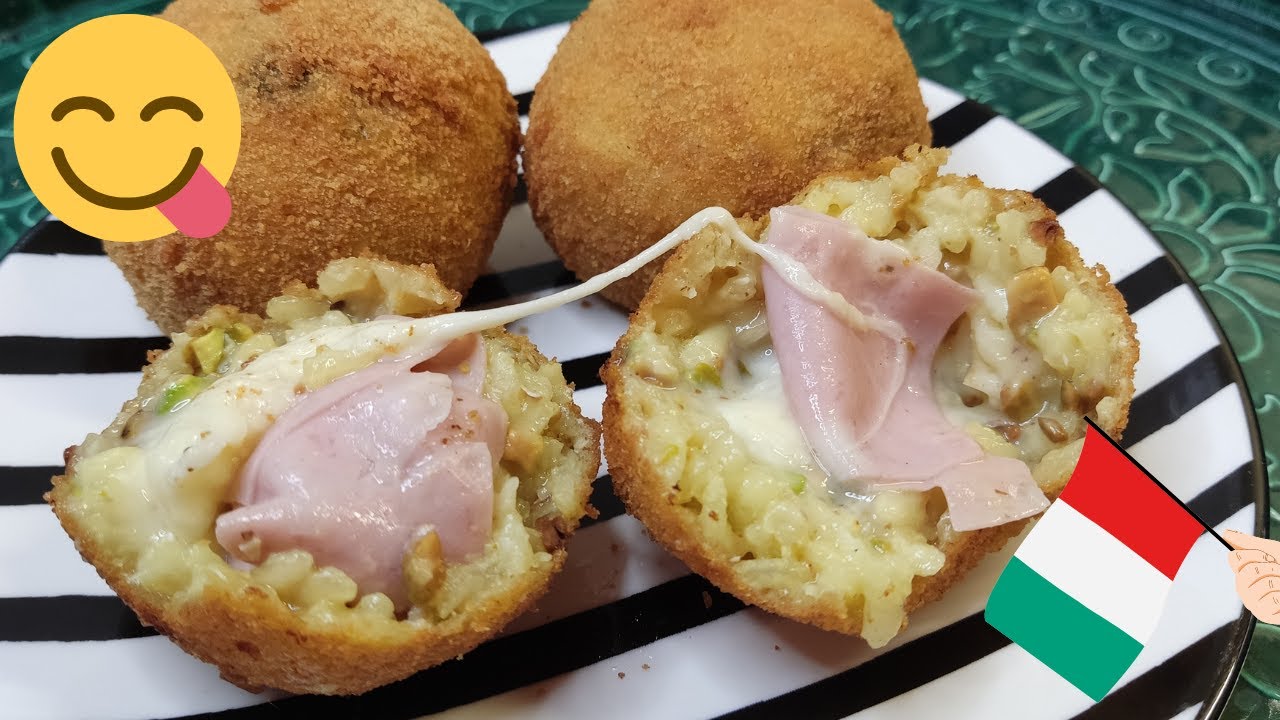 Arancini / boulettes de riz , recette italienne sicilienne mortadelle pistaches mozzarella
