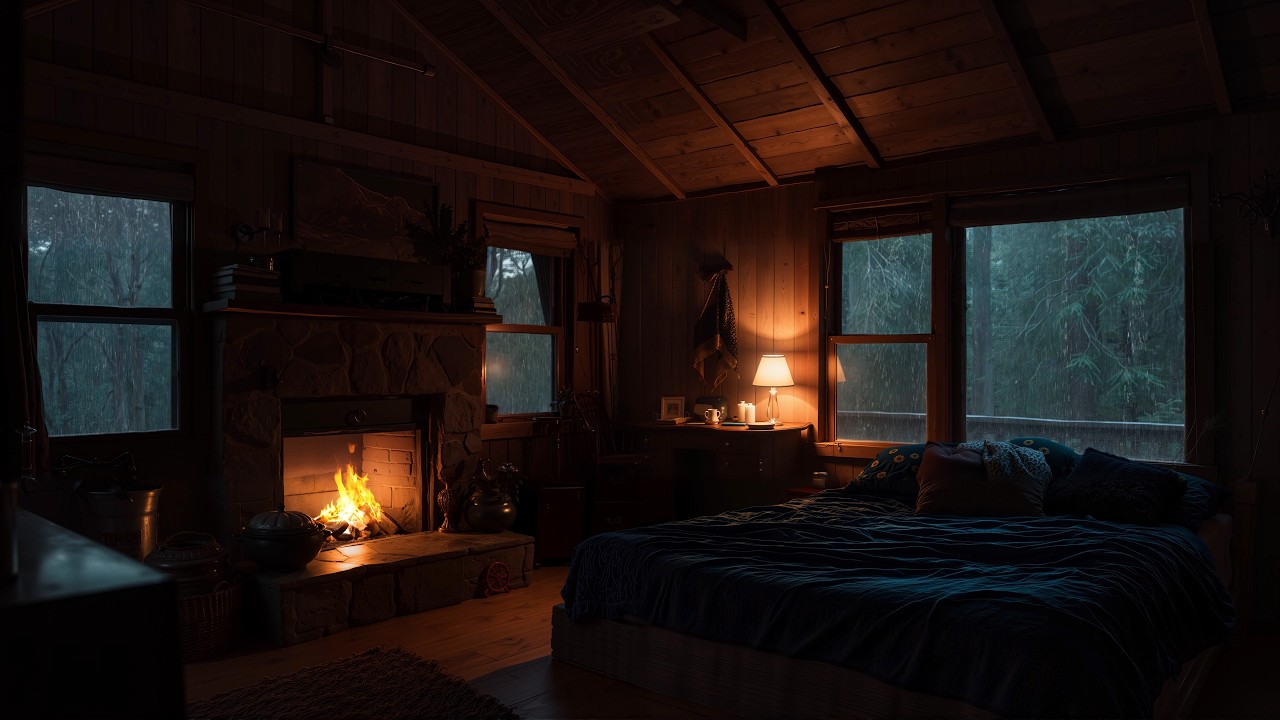Rainy Night in the Black Forest 🌲 Crackling Fireplace, Deep Rain Sounds for Restful Sleep