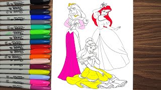 DISNEY PRINCESS Coloring Pages! Aurora, Ariel and Belle 🏰👸🎨
