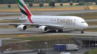 EMIRATES A380 - Approach, Landing and close View Taxi in Munich from Visitor Platform