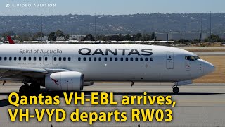 Qantas (VH-EBL) arrives & (VH-VYD) burns off some excess fuel and departs RW03 at Perth Airport.