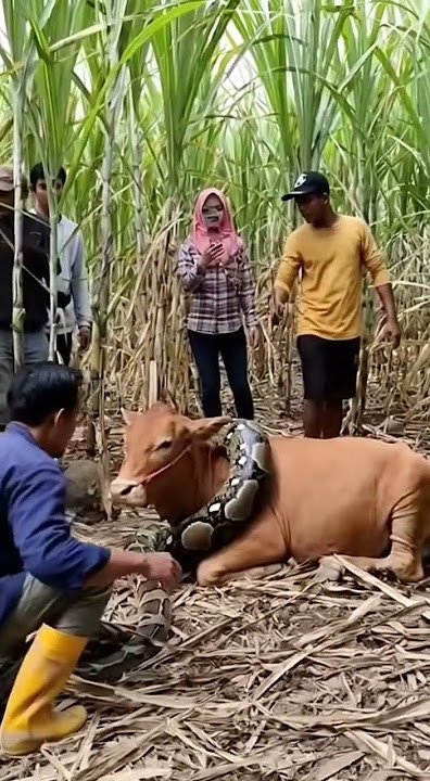 Mencekam! Ular Raksasa Melilit Sapi di Kebun Tebu
