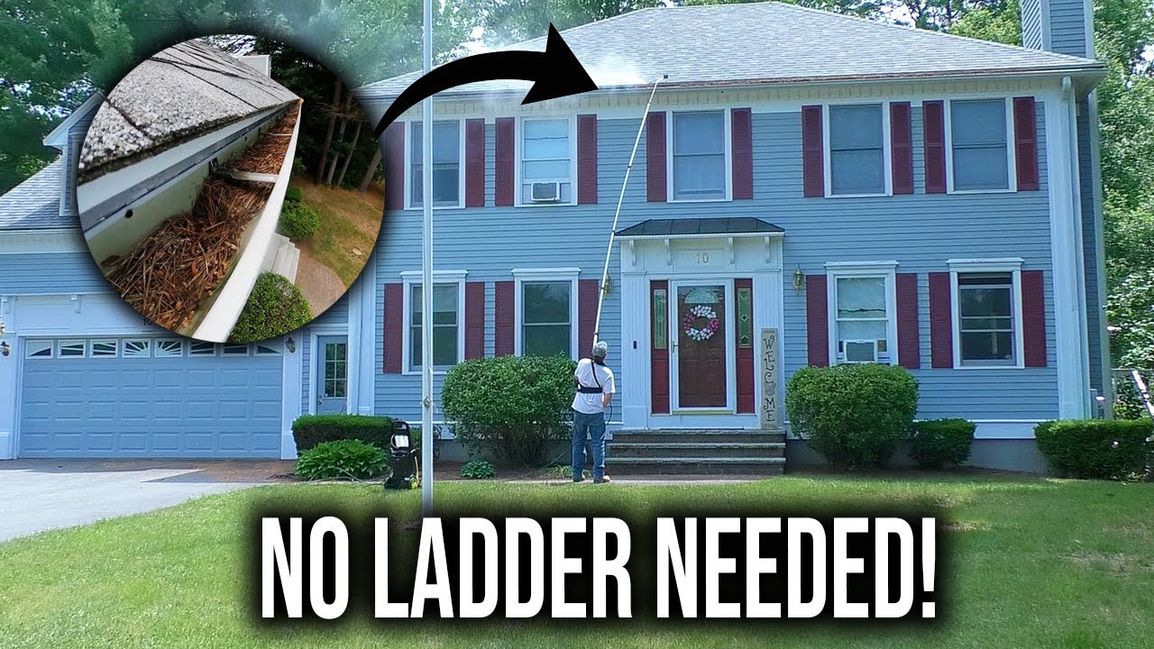 How To Clean Clogged Gutters from the Ground | 24ft Pressure Washer Extender Wand | No Ladder Needed
