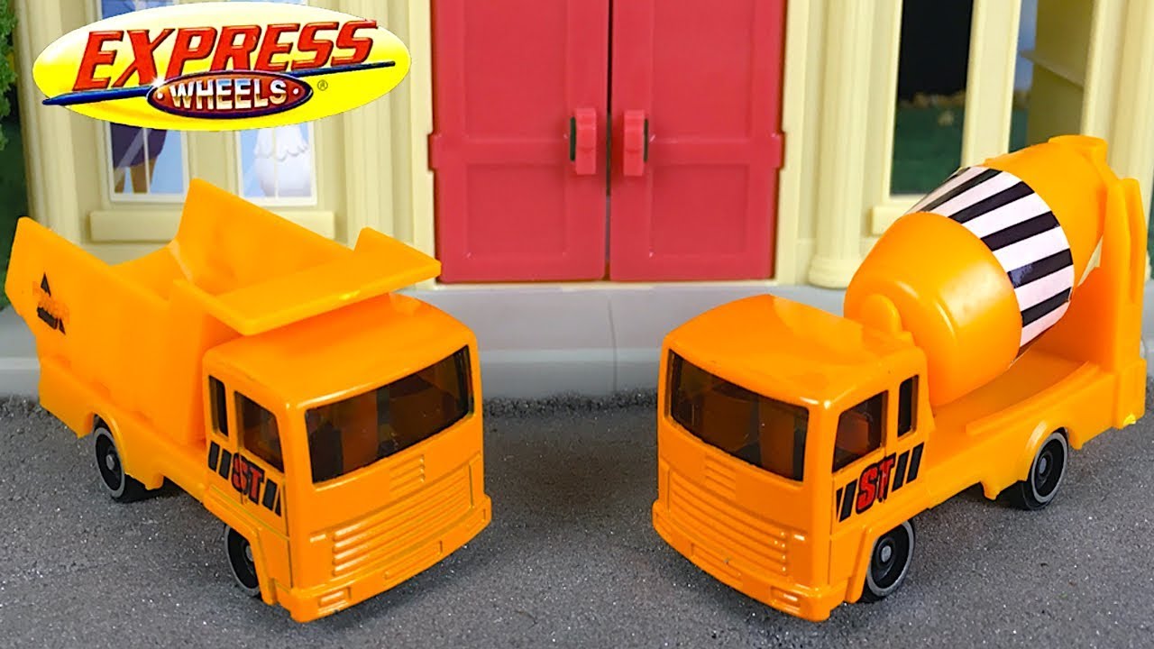 UNBOXING EXPRESS WHEELS MIGHTY MACHINES WITH DUMP TRUCK & CEMENT TRUCK YouTube