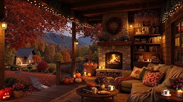 Peaceful Rainy Autumn Porch Ambience 🍂 Soft Piano Jazz, Rain & Cozy Fireplace Sounds to Unwind