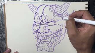 How to draw a hannya mask,hannya mask drawing, រៀនគូររូបសាក់