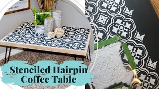 This DIY coffee table was created using DIY hair pin legs and a cutting edge Santa Ana tile stencil. For all the details click the link 